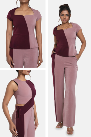 Formal co-ord set in two color - pink and burgundy, has a top and straight pant. Top has cap sleeves, square neckline, slightly flared at waist. Easy to wear. Suitable for office wear / work wear or any formal occasions. Can be worn by women of any age.
