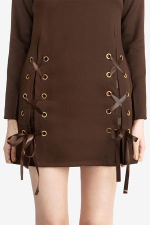 Brown mini dress, has full sleeves, round neckline has rivets and satin ribbon. Suitable for party, easy to wear, comfortable, stylish and trendy.