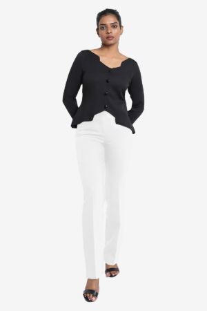 Women's formal black color top, it has full sleeves, buttons on front and has a unique neckline and hemline. Very comfortable stylish and trendy top. Suitable for formal wear/work wear