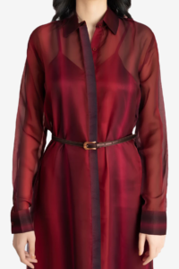 A women coord set with belt, 2 dresses, combo, sheer shirt dress, and slip with collar and cuff. The set is red color, multicolored details. Suitable for older women, has flared fit, relaxed fit and full sleeves.