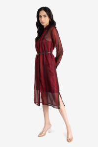A women coord set with belt, 2 dresses, combo, sheer shirt dress, and slip with collar and cuff. The set is red color, multicolored details. Suitable for older women, has flared fit, relaxed fit and full sleeves.