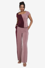 Formal co-ord set in two color - pink and burgundy, has a top and straight pant. Top has cap sleeves, square neckline, slightly flared at waist. Easy to wear. Suitable for office wear / work wear or any formal occasions. Can be worn by women of any age.