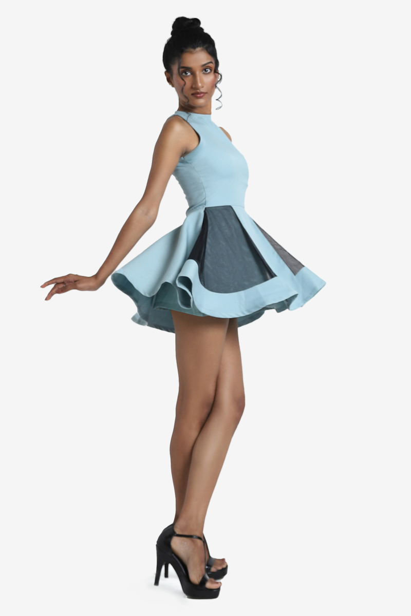 Blue flared mini dress, has mesh panels, sleeveless, halter neck. suitable for party.