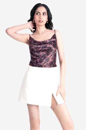 Women's printed cowl top, has geometric print on it, noodle strap, very light weight, trendy and stylish. Can be worn at party.