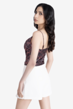 Women's printed cowl top, has geometric print on it, noodle strap, very light weight, trendy and stylish. Can be worn at party.