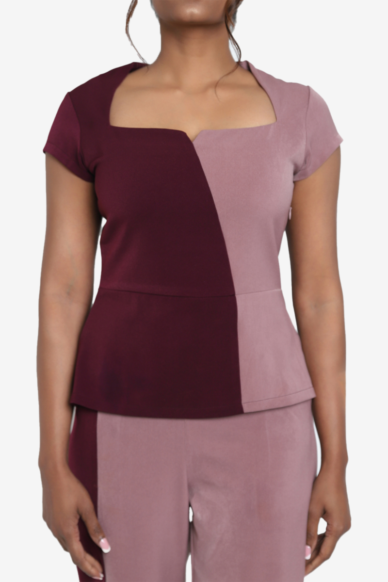 Women's formal top in pink and burgundy. Top has cap sleeves, square neckline, slightly flared at waist. Easy to wear. Suitable for office wear / work wear or any formal occasions. Can be worn by women of any age.