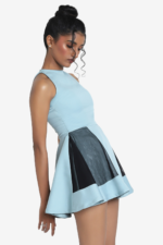 Blue flared mini dress, has mesh panels, sleeveless, halter neck. suitable for party.