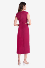 Red midi dress, has waist cuts and slit on one side, it has v neckline and is sleeveless. Suitable for Formal /work wear and party. Very stylish and trendy.