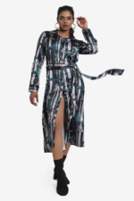 Printed shirt dress, multicolored comes with a belt. Dress has full sleeve, shirt collar, buttons on front, cuff. It is light weight, relaxed fit. Suitable for casual wear.