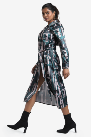 Printed shirt dress, multicolored comes with a belt. Dress has full sleeve, shirt collar, buttons on front, cuff. It is light weight, relaxed fit. Suitable for casual wear.