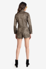 Printed coord set has crop shirt, shorts and a tie in gold and black color. Crop Shirt has full sleeves, collar, cuff and buttons at front it comes with a tie and same color shorts. Very comfortable, trendy can be styled in multiple different ways like formal wear/work wear, casual or party.