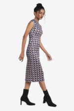 Womens Printed midi dress, has geometric all over print, it is sleeveless has round neck line, can be styled for multiple occasions - formal, casual and street style. Fabric is stretchable and breathable. style inspiration, Mumbai.