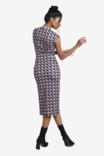 Womens Printed midi dress, has geometric all over print, it is sleeveless has round neck line, can be styled for multiple occasions - formal, casual and street style. Fabric is stretchable and breathable. style inspiration, Mumbai.