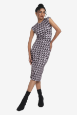 Womens Printed midi dress, has geometric all over print, it is sleeveless has round neck line, can be styled for multiple occasions - formal, casual and street style. Fabric is stretchable and breathable. style inspiration, Mumbai.