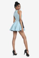 Blue flared mini dress, has mesh panels, sleeveless, halter neck. suitable for party.