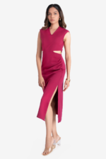 Red midi dress, has waist cuts and slit on one side, it has v neckline and is sleeveless. Suitable for Formal /work wear and party. Very stylish and trendy.