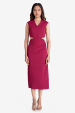 Red midi dress, has waist cuts and slit on one side, it has v neckline and is sleeveless. Suitable for Formal /work wear and party. Very stylish and trendy.