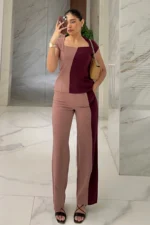 Formal co-ord set in two color - pink and burgundy, has a top and straight pant. Top has cap sleeves, square neckline, slightly flared at waist. Easy to wear. Suitable for office wear / work wear or any formal occasions. Can be worn by women of any age.
