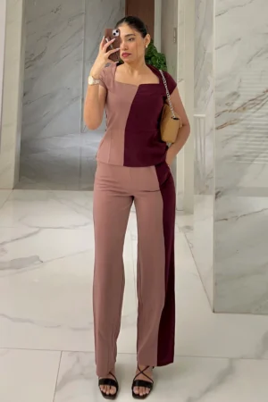 Formal co-ord set in two color - pink and burgundy, has a top and straight pant. Top has cap sleeves, square neckline, slightly flared at waist. Easy to wear. Suitable for office wear / work wear or any formal occasions. Can be worn by women of any age.