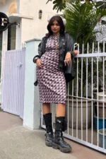 Womens Printed midi dress, has geometric all over print, it is sleeveless has round neck line, can be styled for multiple occasions - formal, casual and street style. Fabric is stretchable and breathable. style inspiration, Mumbai.