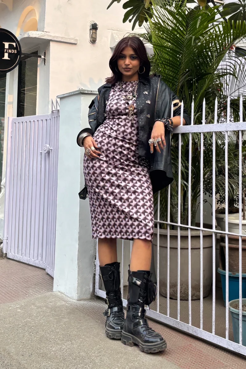 Womens Printed midi dress, has geometric all over print, it is sleeveless has round neck line, can be styled for multiple occasions - formal, casual and street style. Fabric is stretchable and breathable. style inspiration, Mumbai.
