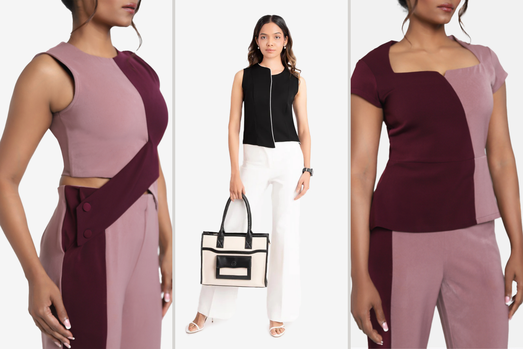 Women's formal top, sleeveless black color top. Comfortable, easy to wear, stylish and fashionable. formal wear/ work wear. Formal co-ord set in two color - pink and burgundy, has a top and straight pant. Top has cap sleeves, square neckline, slightly flared at waist. Easy to wear. Suitable for office wear / work wear or any formal occasions. Can be worn by women of any age. Multicolored coord set in pink and burgundy color, set has a top and straight pant. Top is sleeveless has two colors. Pant comes in two colors, very comfortable, easy to wear. Suitable for women who are looking for casual coord set. Can be worn by women of any age group.