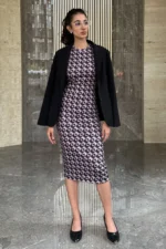 Womens Printed midi dress, has geometric all over print, it is sleeveless has round neck line, can be styled for multiple occasions - formal, casual and street style. Fabric is stretchable and breathable. style inspiration, Mumbai.