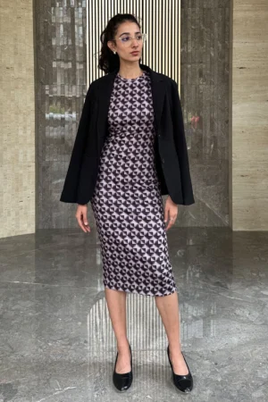 Womens Printed midi dress, has geometric all over print, it is sleeveless has round neck line, can be styled for multiple occasions - formal, casual and street style. Fabric is stretchable and breathable. style inspiration, Mumbai.
