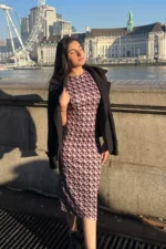 Womens Printed midi dress, has geometric all over print, it is sleeveless has round neck line, can be styled for multiple occasions - formal, casual and street style. Fabric is stretchable and breathable. style inspiration, Mumbai.