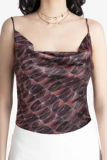 Women's printed cowl top, has geometric print on it, noodle strap, very light weight, trendy and stylish. Can be worn at party.