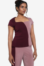 Women's formal top in pink and burgundy. Top has cap sleeves, square neckline, slightly flared at waist. Easy to wear. Suitable for office wear / work wear or any formal occasions. Can be worn by women of any age.
