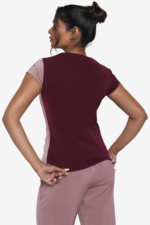 Women's formal top in pink and burgundy. Top has cap sleeves, square neckline, slightly flared at waist. Easy to wear. Suitable for office wear / work wear or any formal occasions. Can be worn by women of any age.