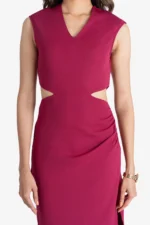 Red midi dress, has waist cuts and slit on one side, it has v neckline and is sleeveless. Suitable for Formal /work wear and party. Very stylish and trendy.