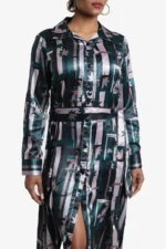 Printed shirt dress, multicolored comes with a belt. Dress has full sleeve, shirt collar, buttons on front, cuff. It is light weight, relaxed fit. Suitable for casual wear.