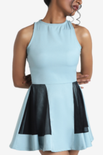 Blue flared mini dress, has mesh panels, sleeveless, halter neck. suitable for party.