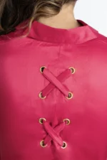 Women's formal shirt, red colored shirt has full sleeves, collar, cuff and golden buttons on front. It has rivets and satin ribbon at back. Regular fit, stylish, comfortable and easy to wear. Formal wear/ work wear.